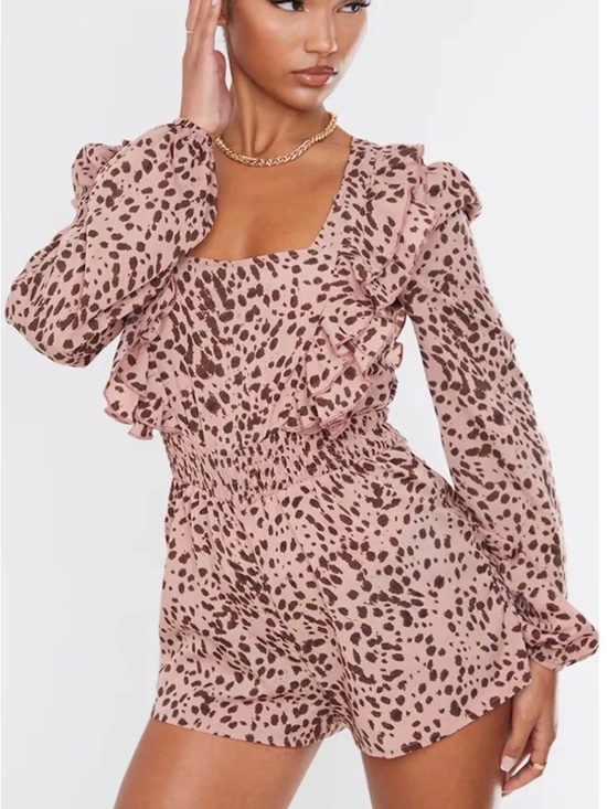 PrettyLittleThing Dresses & Skirts - PrettyLittleThing Pink & Brown Ruffle-Trim Long Sleeve Romper Sz 12